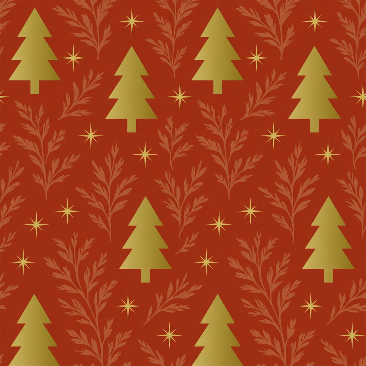 Golden Pines Red - Kerst Inpakpapier - Gouden Dennen op Rood