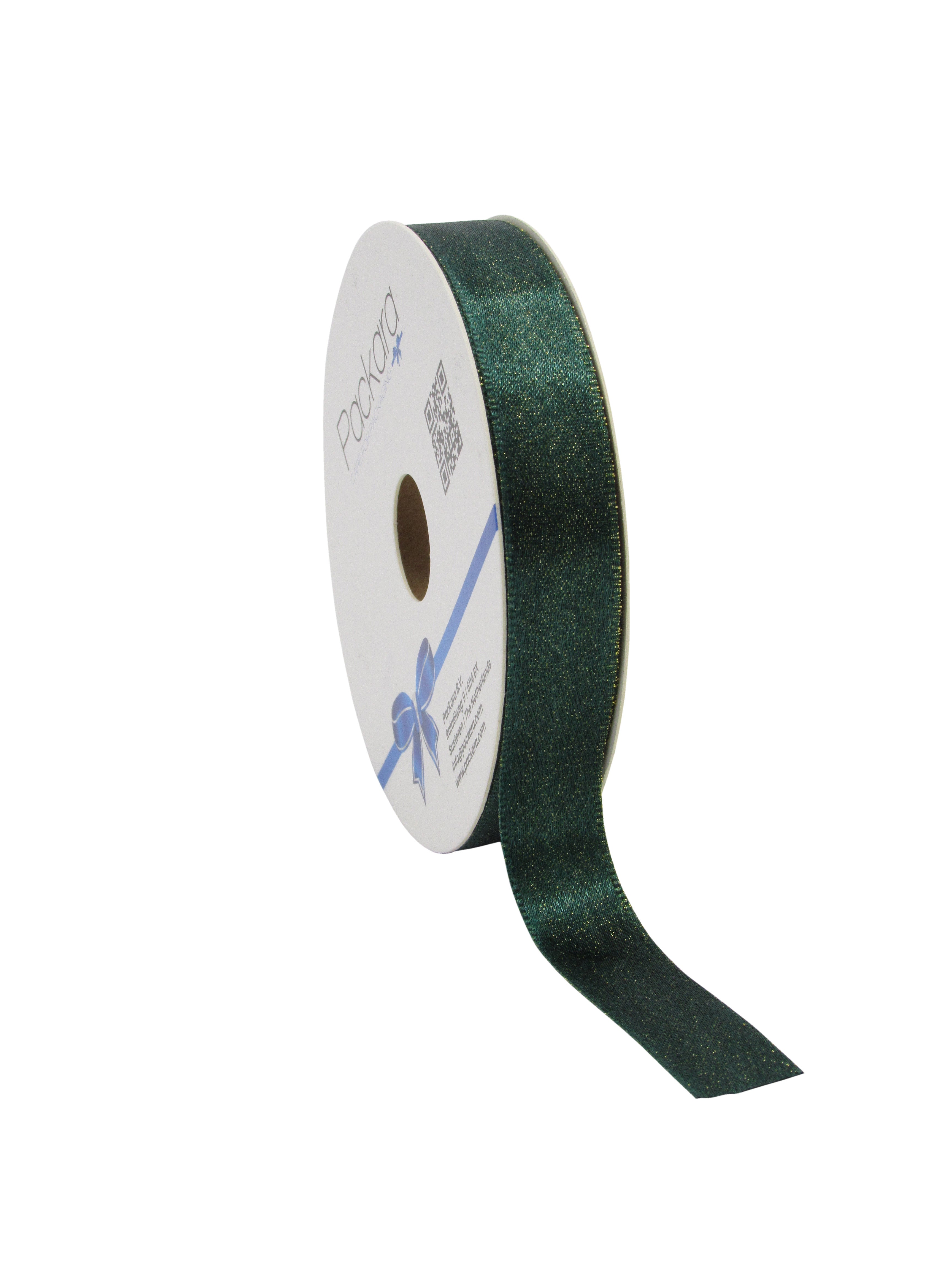 Kerstlint Satijn met Goudglitter Donkergroen - 15 mm × 20 m