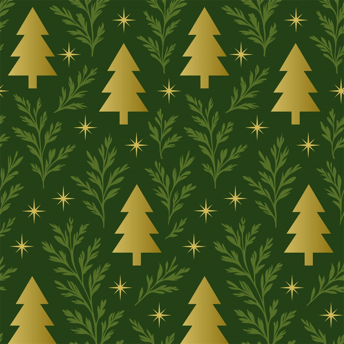 Golden Pines Green - Kerst Inpakpapier - Gouden Dennen op Groen