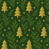 Golden Pines Green - Kerst Inpakpapier - Gouden Dennen op Groen