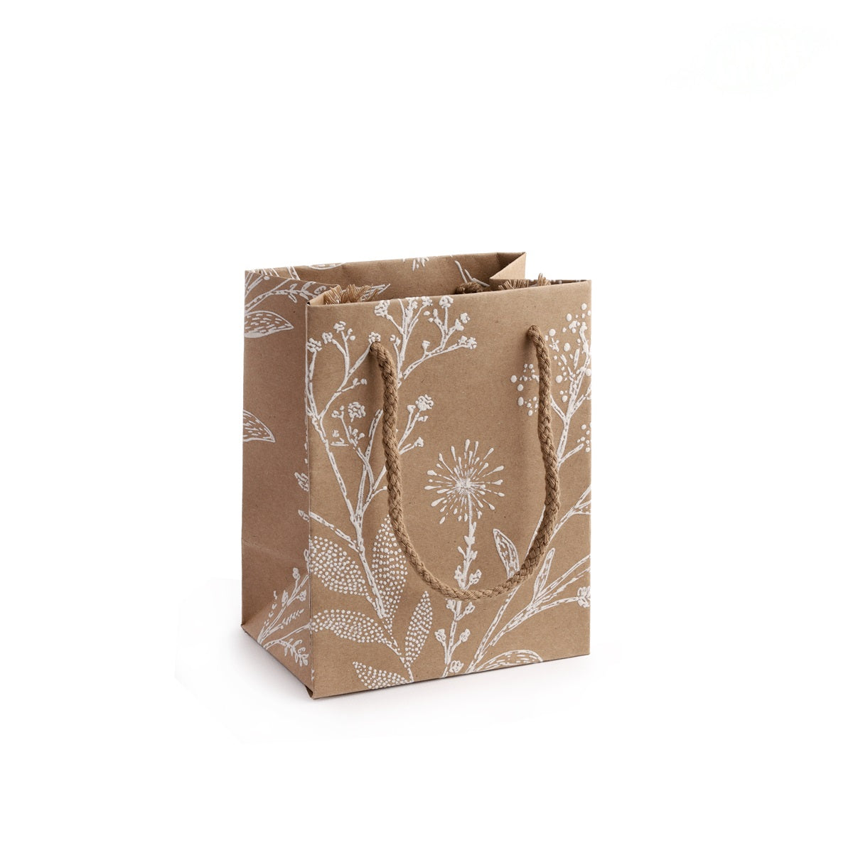 Kraft draagtas met witte botanische print, 15 x 12 cm - Kadopapier.net