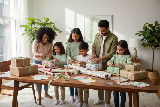 geschenkverpakking kinderen, familietafel, cadeau inpakken