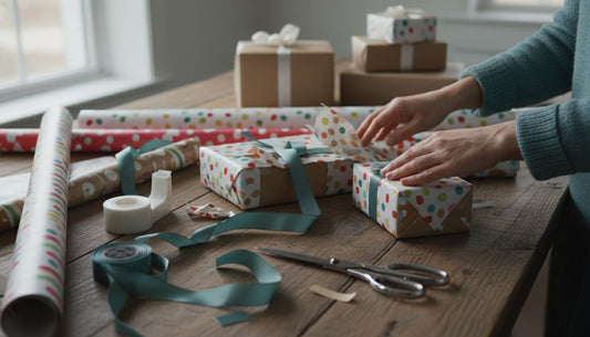 Cadeautafel met inpakproblemen en materialen
