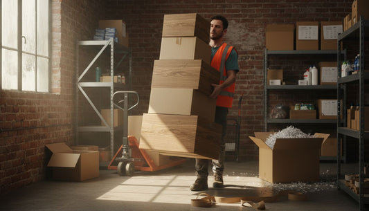 Warehouse worker carrying sustainable cardboard boxes