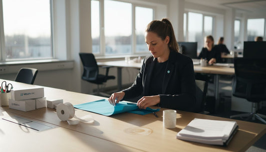 Een zakenvrouw is op kantoor bezig met het inpakken van een relatiegeschenk met het logo van haar bedrijf erop.