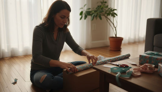Een vrouw is op de grond bezig met het opmeten van vrolijk gekleurd cadeaupapier.