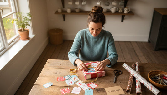 Een vrouw zoekt tussen verschillende cadeaulabels aan een sfeervol, houten tafel.