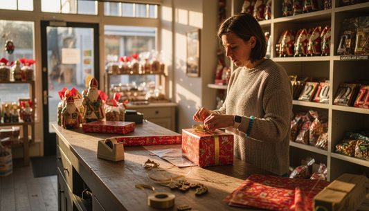 Een medewerker is druk bezig met het inpakken van vrolijke Sinterklaascadeautjes.