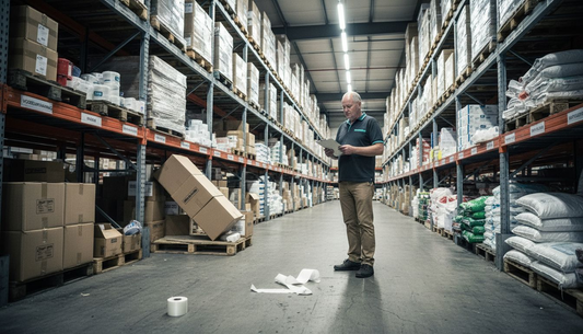 De magazijnmedewerker houdt de voorraad aan verpakkingsmaterialen goed in de gaten.