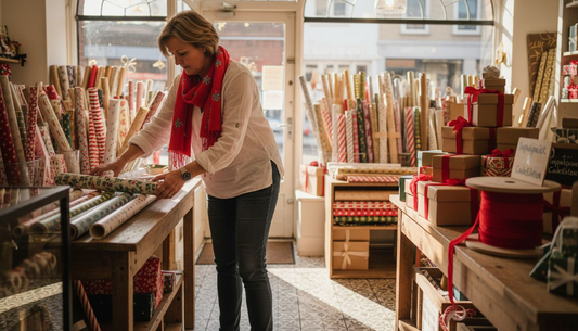 Een winkelier zet een feestelijke presentatie op van kerst-inpakpapier.