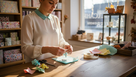 Een medewerker van de cadeauwinkel pakt sieraden zorgvuldig in vloeipapier.