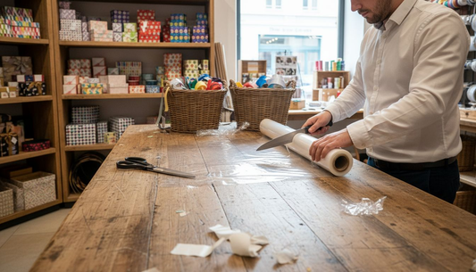 Een medewerker in de winkel snijdt een stuk doorzichtige folie op maat.