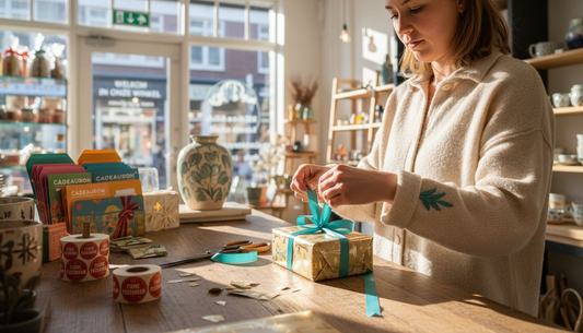 Een winkelmedewerker pakt een luxe cadeauverpakking in, helemaal in Nederlandse stijl.