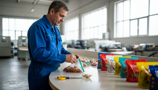 Een medewerker controleert verschillende soorten snoep in uiteenlopende verpakkingen.