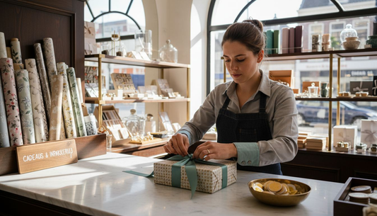 Attendant wrapping luxury gift with satin ribbon