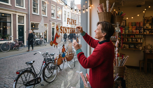Een winkelier plakt Sinterklaasstickers op de etalageruit om de winkel in gezellige Sinterklaassfeer te brengen.