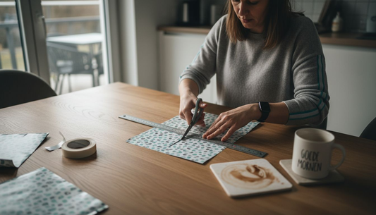 Aan de keukentafel knipt een vrouw zorgvuldig het cadeaupapier op maat.