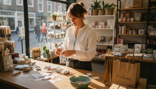 De filiaalmanager stopt de aankopen in plastic tasjes.
