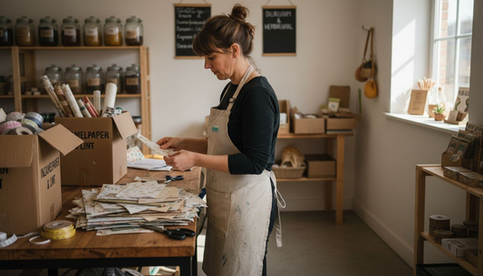 Een medewerker in de winkel ruimt gebruikte cadeauverpakkingen op en sorteert ze.
