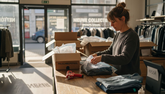 Achter de balie staat de filiaalmanager kledingstukken zorgvuldig in plastic zakken te verpakken.