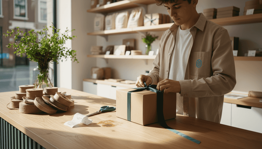 Een medewerker versiert een cadeau met een groen lint.