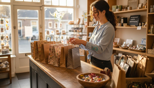 Een winkelmedewerker is bezig om verschillende soorten cadeautasjes netjes te rangschikken.