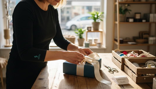 Een winkelmedewerker strikt een satijnen lint om een cadeau.