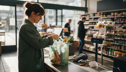 Bij de kassa stopt een vrouw haar boodschappen in een herbruikbare tas.