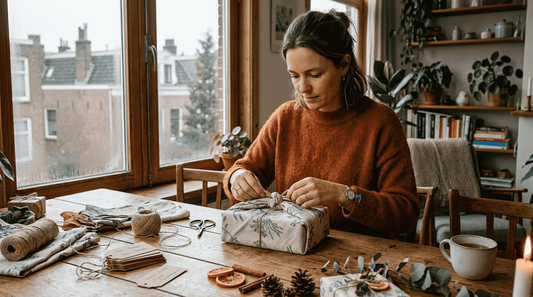 Een vrouw pakt cadeautjes in met milieuvriendelijke materialen.
