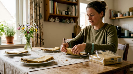Aan de keukentafel zit een vrouw zorgvuldig gouden servetten te vouwen.