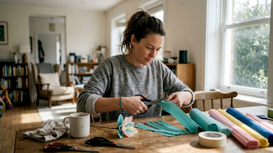 Aan de eettafel zit een vrouw geconcentreerd papieren bloemen te knutselen.