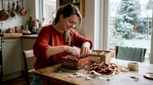 Een vrouw vult een feestelijk blik met kleurrijke kerstballetjes.