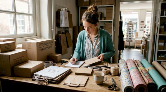 Een winkelier bekijkt verschillende verpakkingsontwerpen aan zijn bureau om te bepalen welke het beste bij zijn producten past.