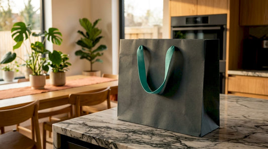 Een stevige papieren cadeautas staat op een houten tafel.