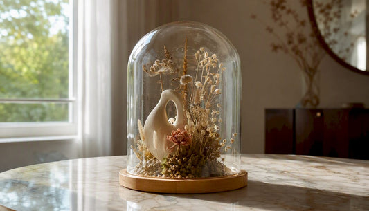 Stijlvolle glazen stolp met houten onderstel, perfect om je mooiste accessoires of verzamelobjecten in het interieur te presenteren.