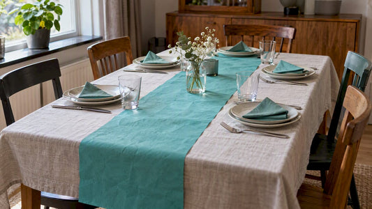 Een feestelijk gedekte tafel met een tafelloper, servetten en borden
