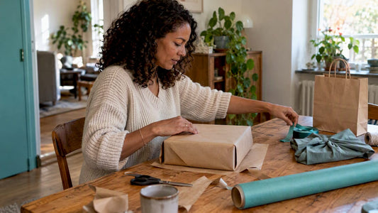 Het cadeau wordt ingepakt met papier en lint