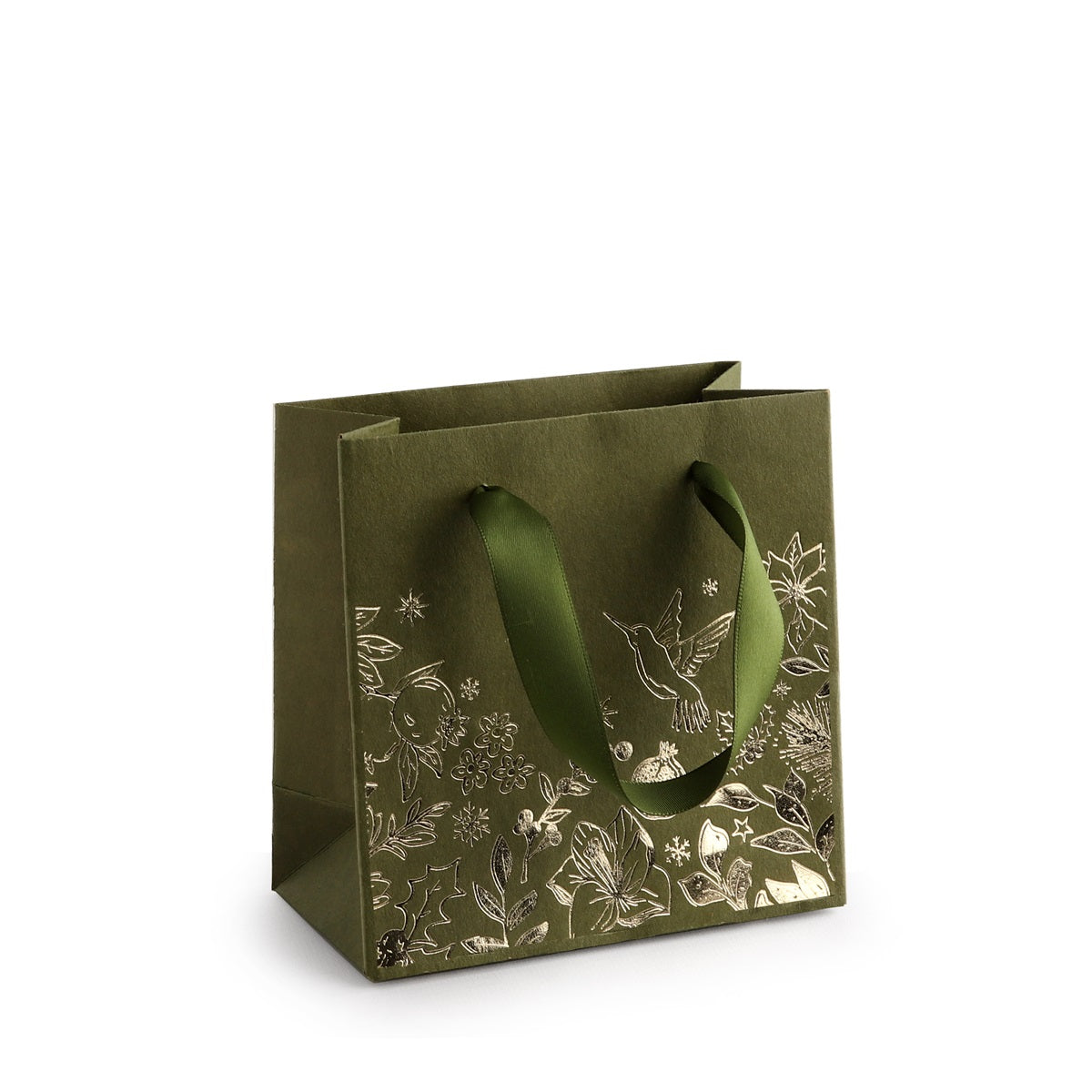 Mosgroene kerstdraagtas met goudfolie bloemen, 12 x 12 x 6 cm - Kadopapier.net