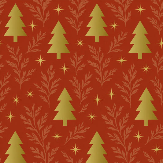 Golden Pines Red - Kerst Inpakpapier - Gouden Dennen op Rood