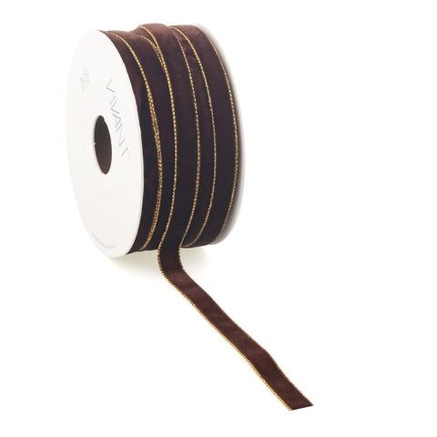 Velvet Band Braun mit Goldrand - Einseitiger Samt - Luxus Dekoband - 3 Breiten