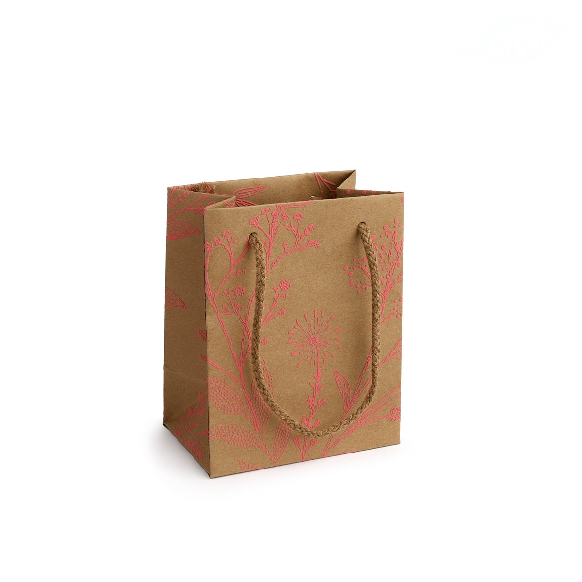 Kraft draagtas met roze botanische print, 15 x 12 cm - Kadopapier.net