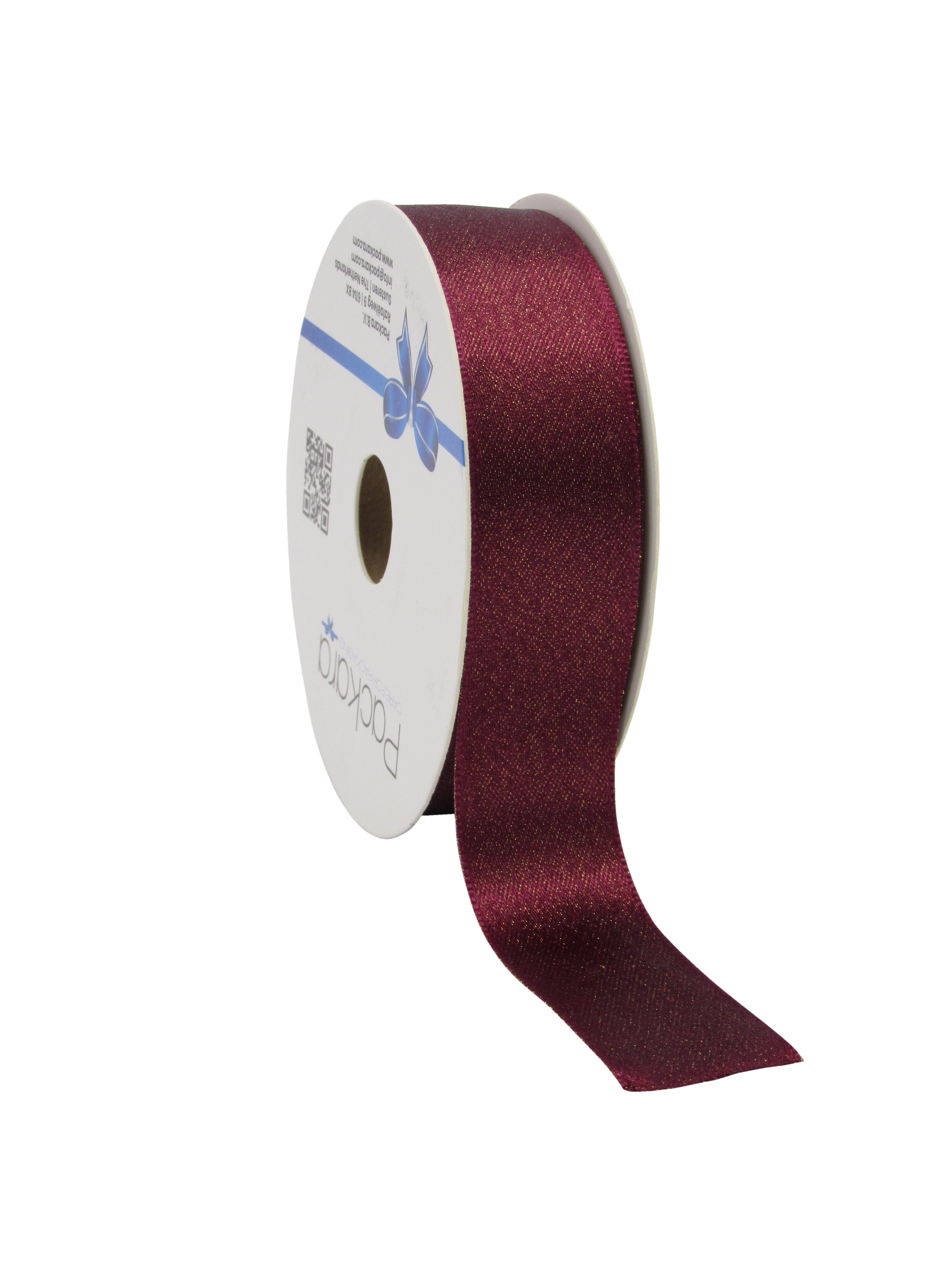 Kerstlint Satijn met Goudglitter Bordeaux - 25 mm × 20 m