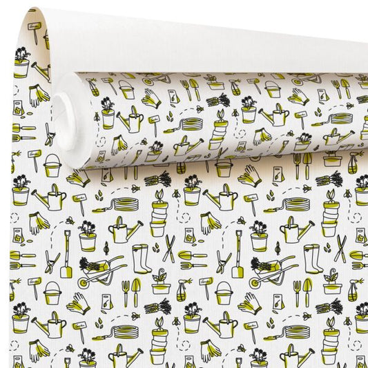 Garden Center - Roll of wrapping paper - White with green garden motifs - 60 gram coated kraft paper - 79 cm x 40 m