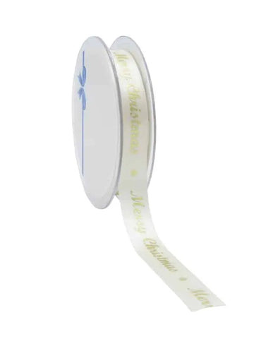 Weihnachtsband aus elfenbeinfarbenem Satin mit der Aufschrift „Frohe Weihnachten“