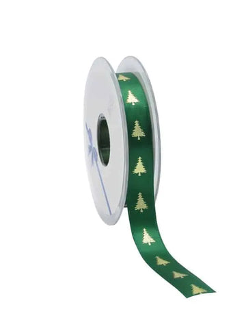 Satin-Weihnachtsband, Grün mit goldenen Weihnachtsbäumen – 15 mm x 25 m