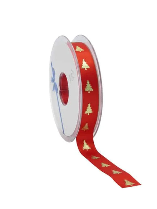 Satin Christmas Ribbon Red - 15mm x 25m - Christmas Trees Design