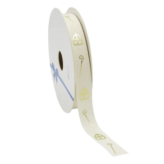 Cotton ribbon 'Miter &amp; Staff' (ECO) – Cream | 15 mm x 20 m