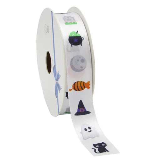 Satin ribbon Halloween – White | 23 mm x 20 m