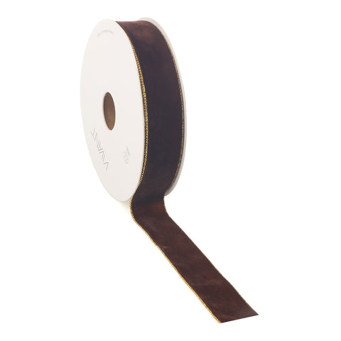 Velvet Band Braun mit Goldrand - Einseitiger Samt - Luxus Dekoband - 3 Breiten