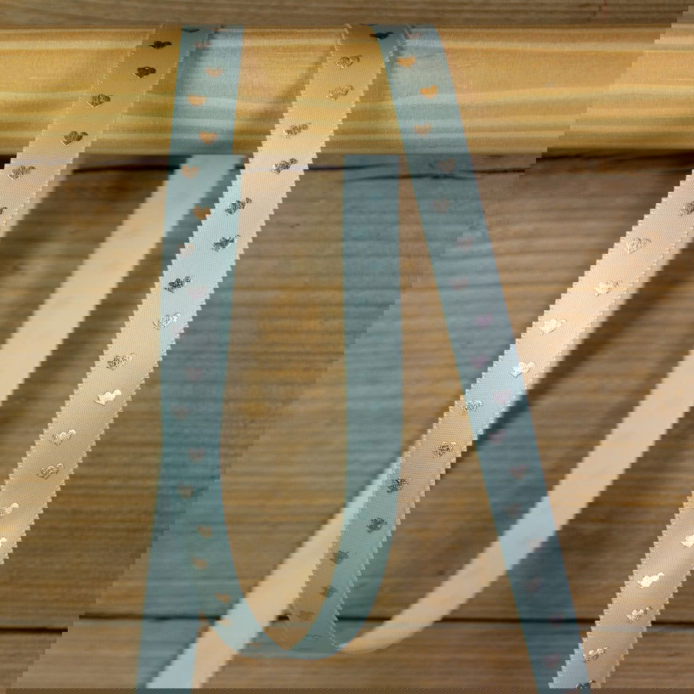 Babyblauw Satijnlint met Hartjes - Kadopapier.net